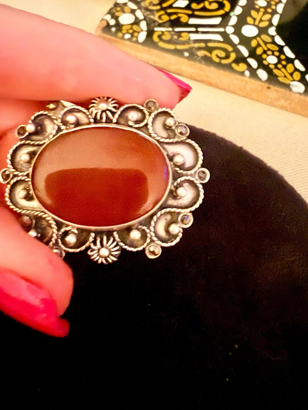 Vintage Art Nouveau 800 Greek Filigree Carnelian Cabochon Brooch